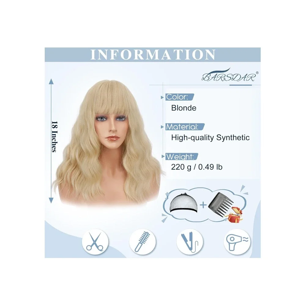 BARSDAR 18 Inch Blonde Wavy Wig with Bangs Synthetic Medium Length Curly Hair